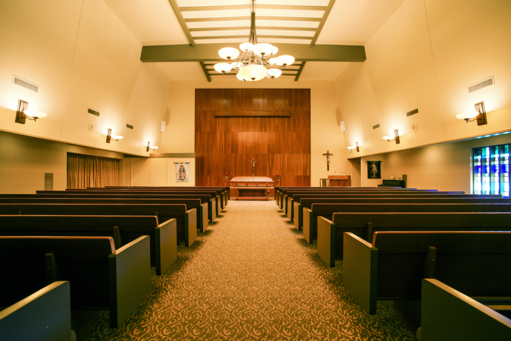 East Lawn South Sacramento’s elegant chapel, prepared for a heartfelt memorial ceremony.