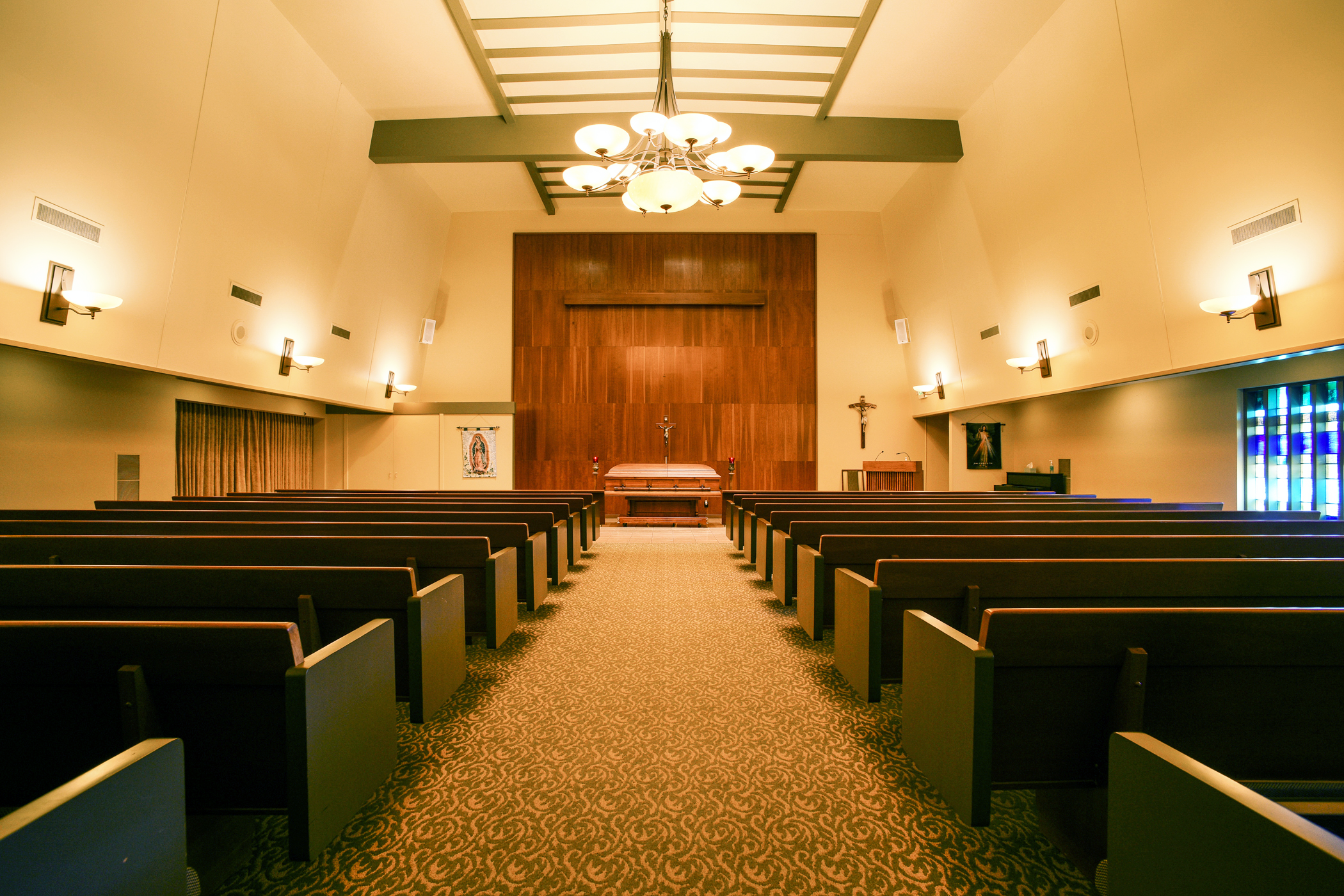 East Lawn South Sacramento’s elegant chapel, prepared for a heartfelt memorial ceremony.
