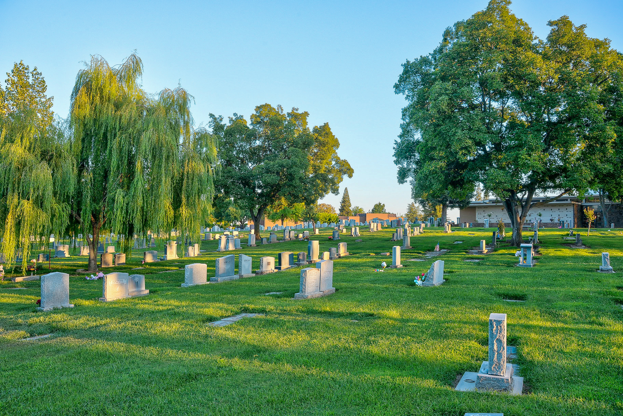 A peaceful resting place in a cemetery with mature trees and beautifully landscaped grounds.
