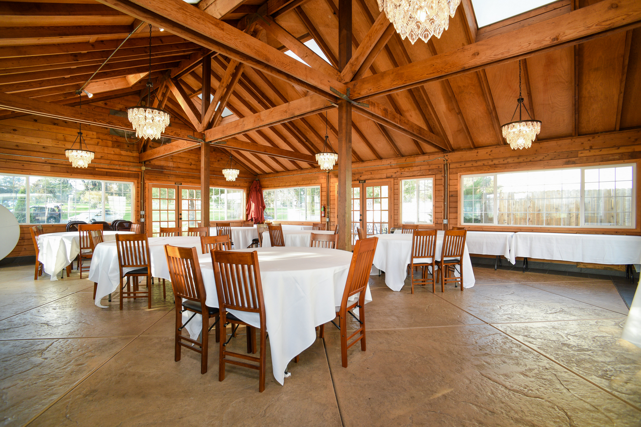 Bright and welcoming reception hall, set for a post-service gathering at East Lawn in East Sacramento.