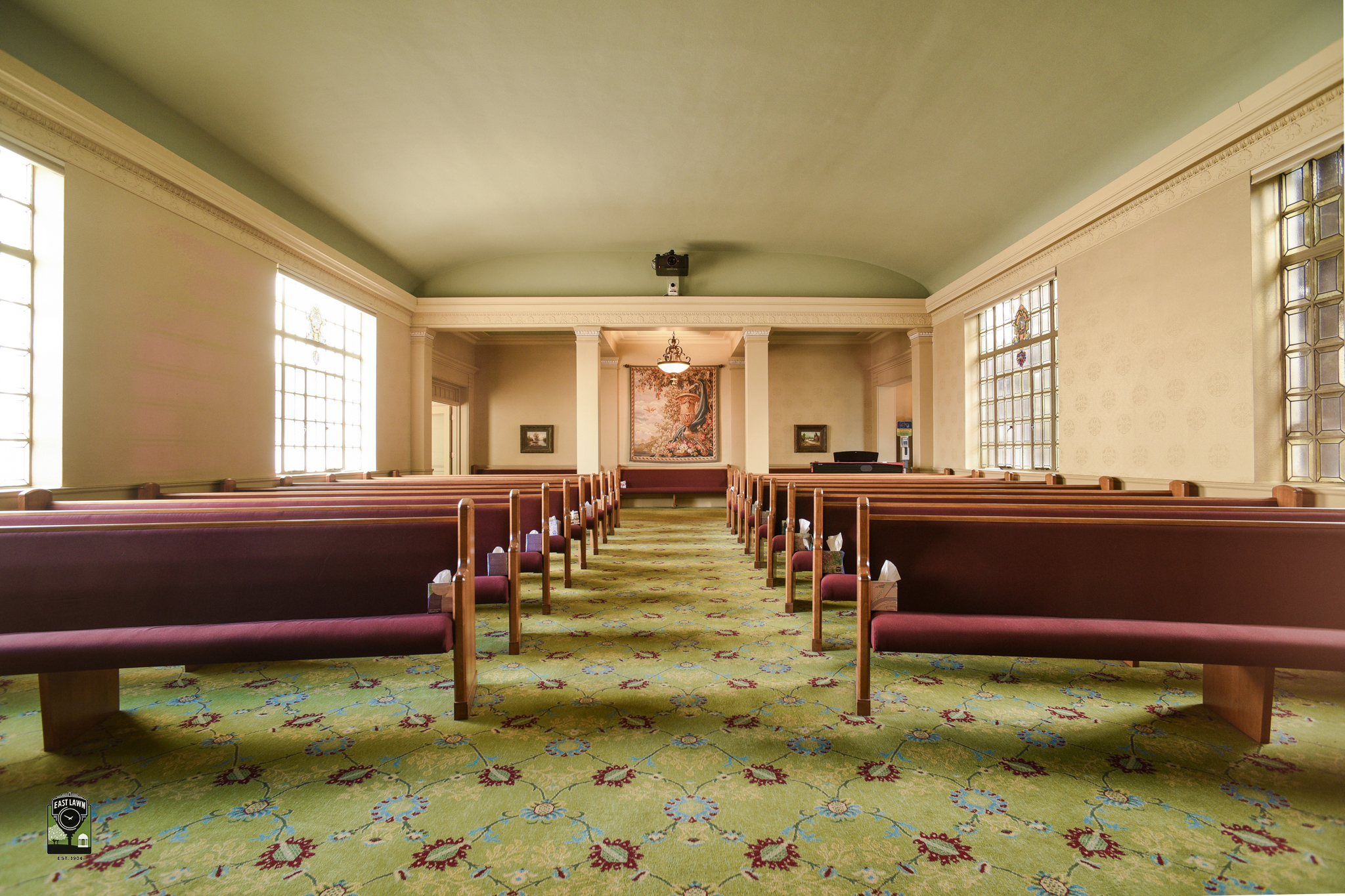 Our elegant chapel in East Sacramento prepared for a traditional funeral service, highlighting East Lawn's commitment to honoring loved ones.